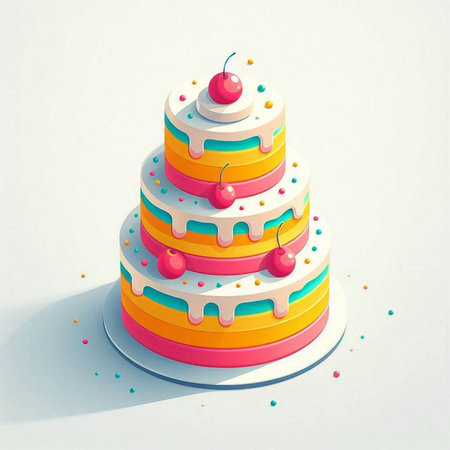 Birthday cake with cherries and sprinkles. Vector illustration.