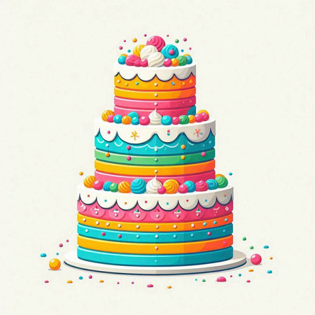 Birthday cake vector illustration. Cake with colorful cream and sprinklesの写真素材