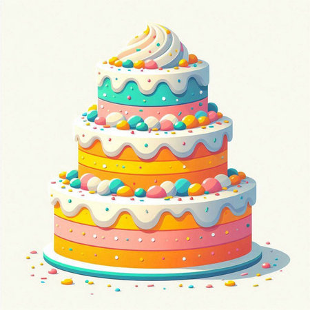Illustration of colorful cake with sprinkles on a white background.