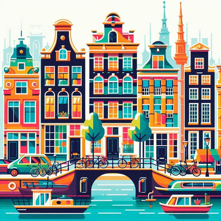 Amsterdam Netherlands cityscape with canals and boats. Vector illustration.の写真素材