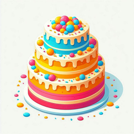 Birthday cake with colorful candies on white background. Vector illustration.