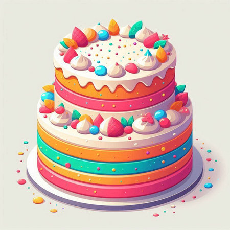 Birthday cake with colorful cream and candies, vector illustration.
