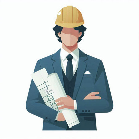 Architect in hardhat holding blueprint. Vector illustration in cartoon style