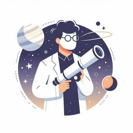 Astronaut looking through telescope in space, flat vector illustration.