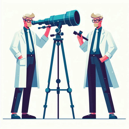 Scientist and telescope. Vector illustration in cartoon style on white background.