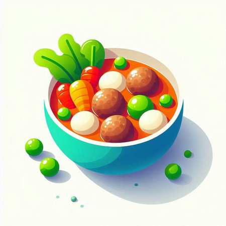 Bowl of soup with meatballs and vegetables. Vector illustration.