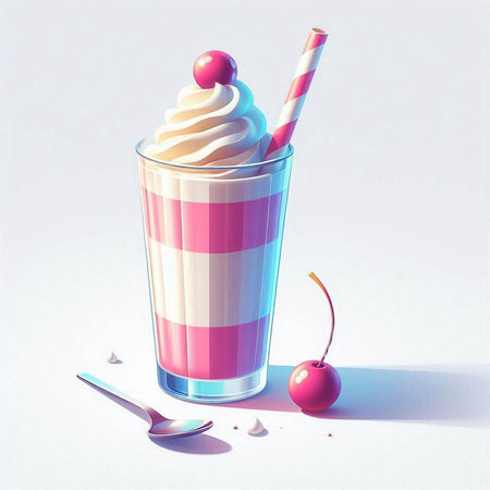 Cherry milkshake with whipped cream in a glass. Vector illustration.
