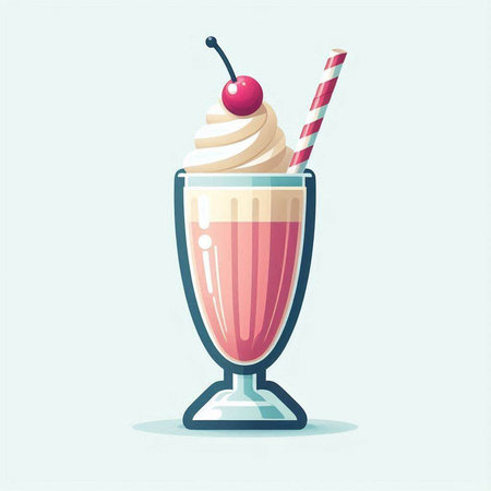 Milkshake with cherry and whipped cream in a glass. Vector illustration.