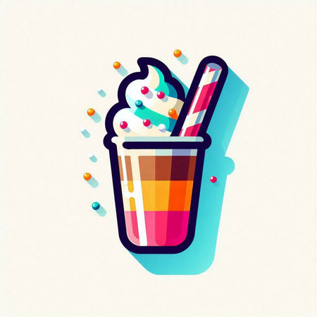Colorful milkshake with whipped cream and candy. Vector illustration.の写真素材