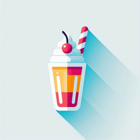 Milkshake with whipped cream and cherry, flat design, long shadowの写真素材