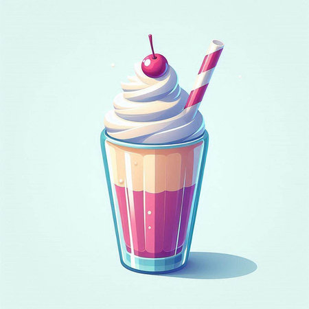 Vector illustration of a milkshake with cherry in a glass.