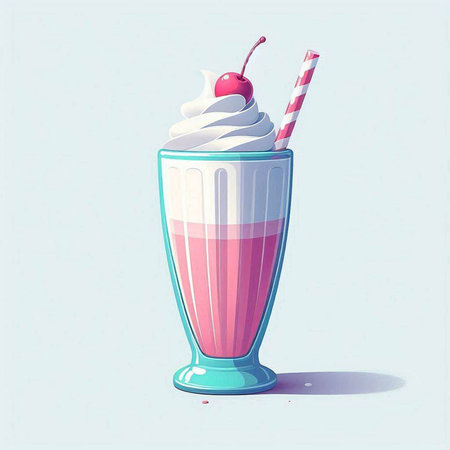 Milkshake with whipped cream and cherry in a glass. Vector illustration.