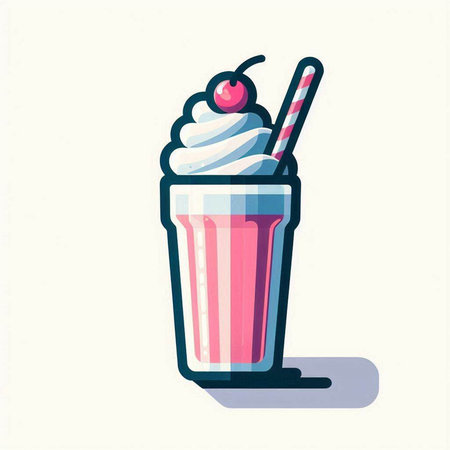 Milkshake with whipped cream and cherry. Vector illustration in flat styleの写真素材
