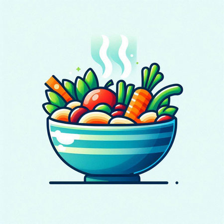 Vector illustration of a bowl of fresh vegetable salad on blue background.の写真素材