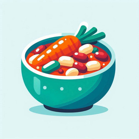 Vegetable soup in a bowl with carrots, beans, peas. Vector illustration.の写真素材