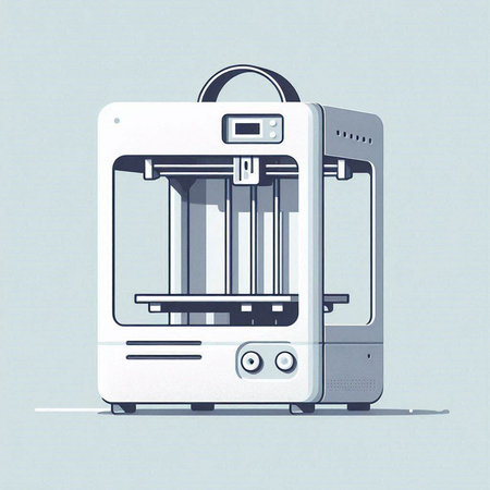 Illustration of a 3d printer in a flat design on a blue background