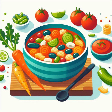 Vegetable soup in a bowl with ingredients. Vector illustration.の写真素材