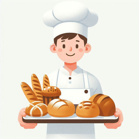 Chef holding tray of bread. Vector illustration in cartoon style.