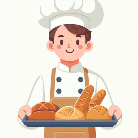 Baker holding tray with bread. Vector illustration in cartoon style.