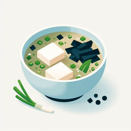 Illustration of Japanese miso soup with tofu in a bowl.の写真素材