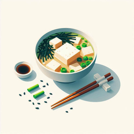 Vector illustration of a bowl of miso soup with tofu and chopsticks