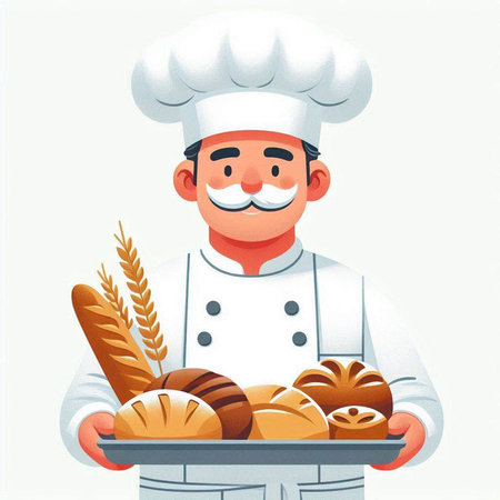 Chef holding a tray of bread. Vector illustration in cartoon style.の写真素材