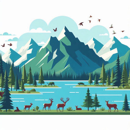Mountain landscape with forest, lake and deer. Vector illustration.の写真素材