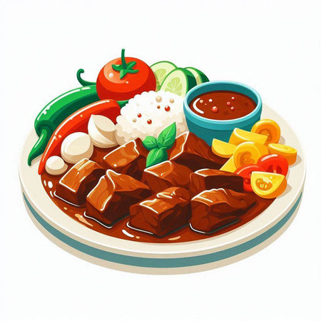Illustration of a plate of beef stew with vegetables and sauce on a white backgroundの写真素材