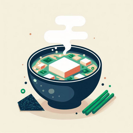 Illustration of Japanese miso soup in a bowl with chopsticks