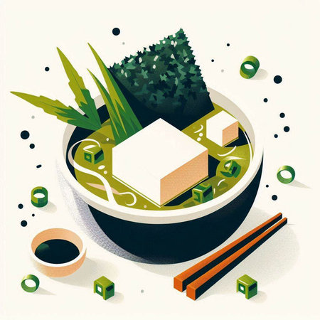 Illustration of japanese miso soup in bowl with chopsticks