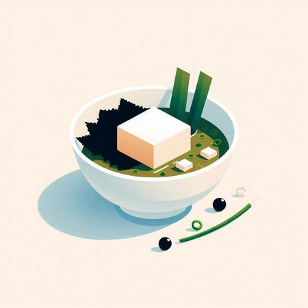 Soybean soup with tofu in a bowl, vector illustration.の写真素材