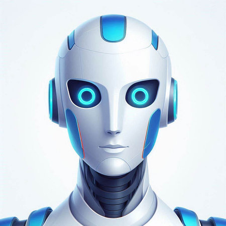 3d rendering humanoid robot or cyborg with blue eyes isolated on white backgroundの写真素材