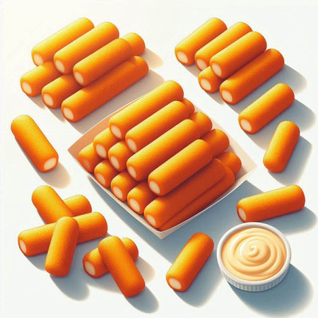 Frozen cheese sticks with mayonnaise on a white background.