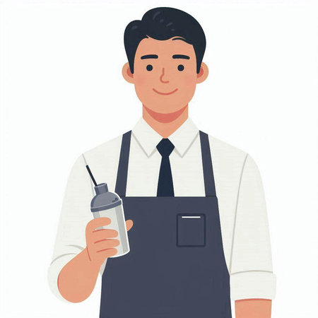 Young barista in apron holding spray can. Vector illustration.の写真素材