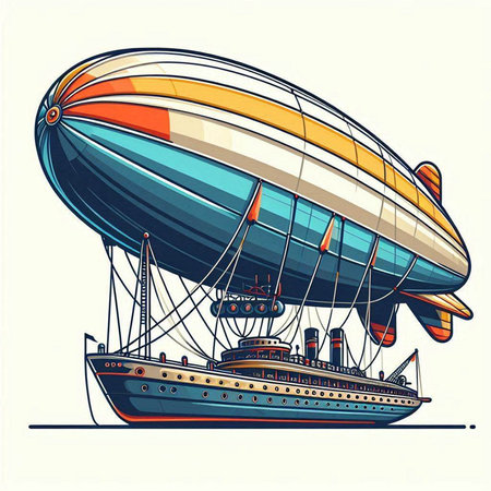 Vector illustration of a cartoon airship with a ship in the skyの写真素材