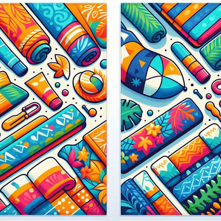 Set of two vertical banners with travel and vacation items. Vector illustrationの写真素材