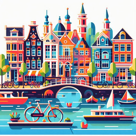 Amsterdam cityscape with canals, boats and bridges. Vector illustrationの写真素材