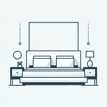 Bedroom interior with bed, lamp and nightstand. Vector illustrationの写真素材