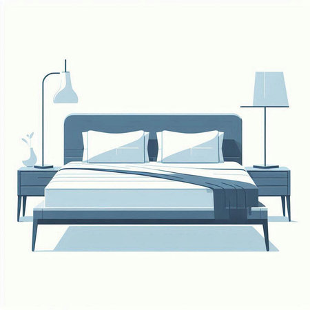 Bedroom interior vector illustration. Bed and pillow on the bedside tableの写真素材