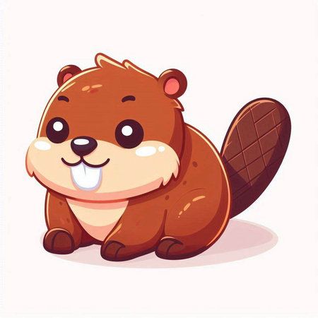 Cute cartoon beaver sitting on the ground. Vector illustration.の写真素材