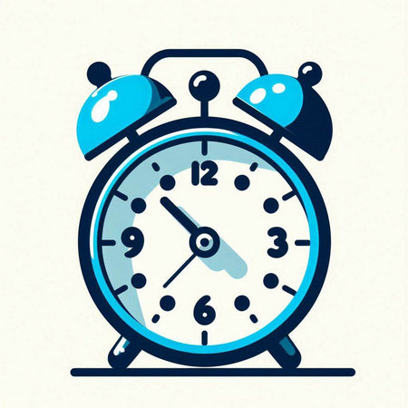 Retro alarm clock. Vector illustration in blue colors on light background.