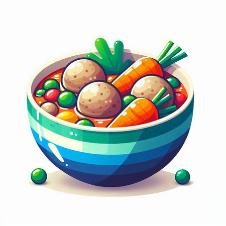 Bowl of vegetable soup with meatballs and vegetables. Vector illustration.の写真素材