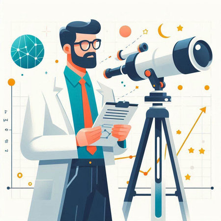 Scientist looking through telescope. Vector illustration in flat cartoon style.