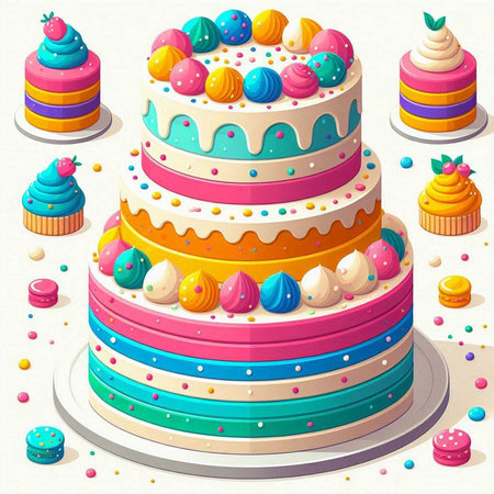 Illustration of a cake with colorful sprinkles on a white backgroundの写真素材