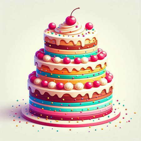 Birthday cake with cherries and sprinkles. Vector illustration.の写真素材