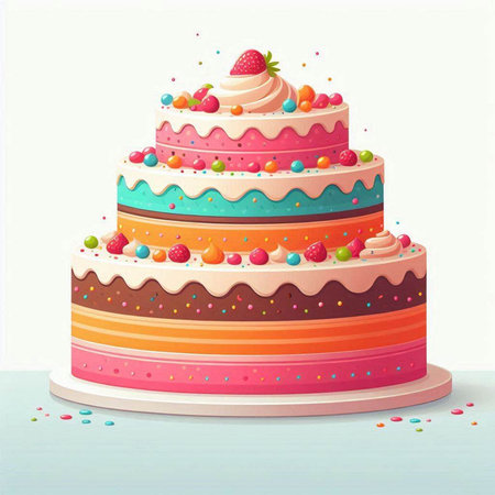 Illustration of a colorful cake on a white background with confetti