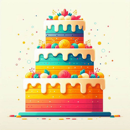 Colorful birthday cake on white background with confetti, vector illustration