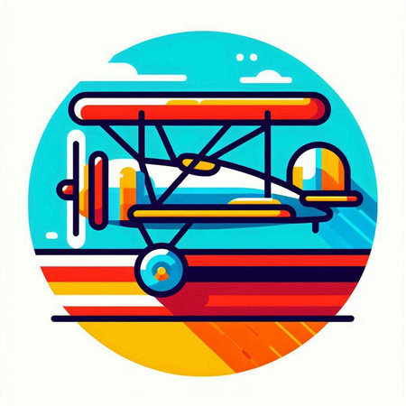 Retro biplane in the sky. Vector illustration in flat style.