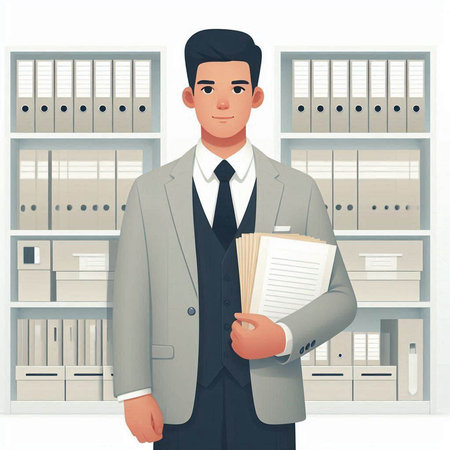 Young businessman holding folders in office. Vector illustration in cartoon style.の写真素材