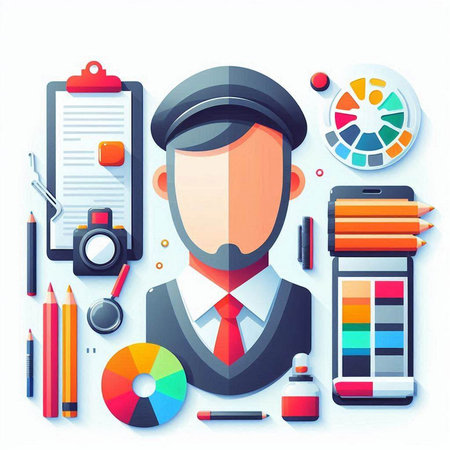 Vector illustration of a flat design of a man with a set of office tools
